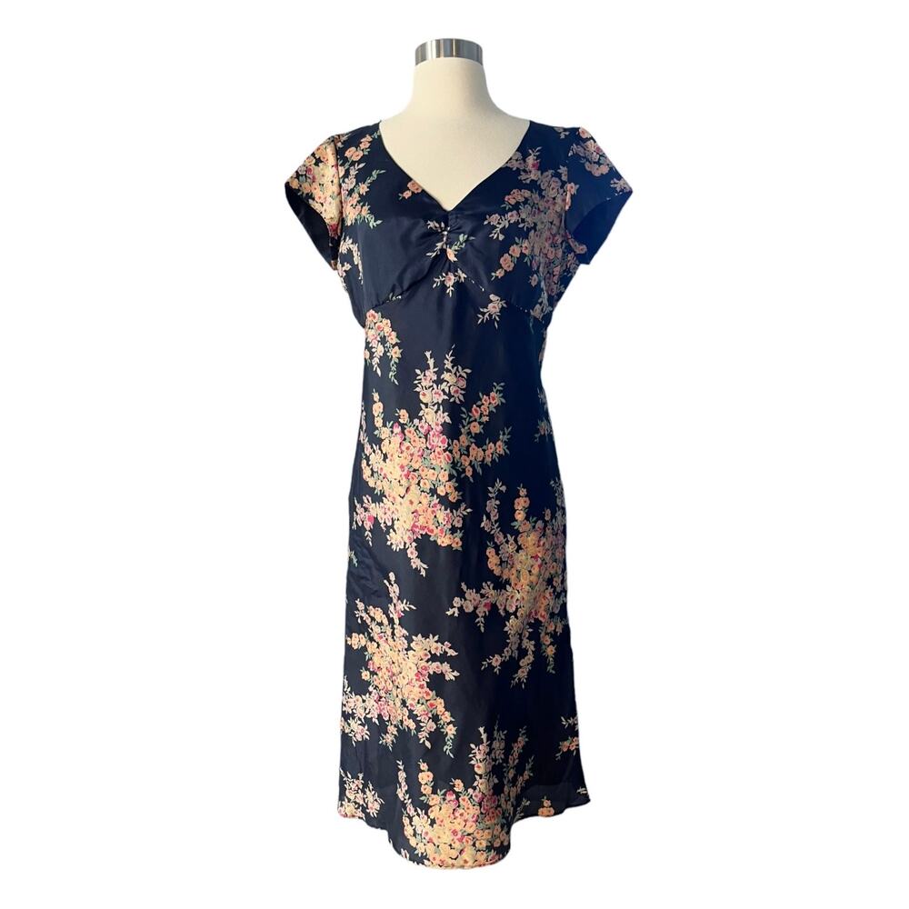 EVAN-PICONE Silk Navy Dress Multicolor Floral Sheath V-Neck Cap Sleeves 6 EUC